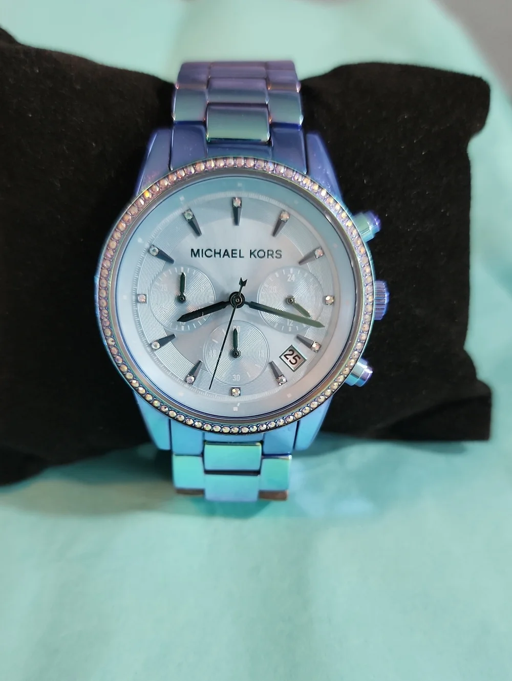 MICHAEL KORS Iridescent Blue Chronograph Watch with Crystal Bezel
